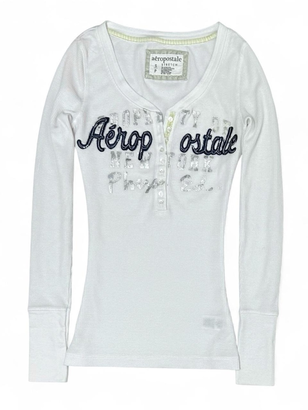 Y2K 2000s Aeropostale White Waffle Knit Long Sleeve Henley Top